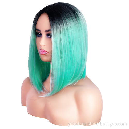 Wholesale cheap anime party gradient black to Green bob short straight synthetic shoulder-length hair cosplay wig